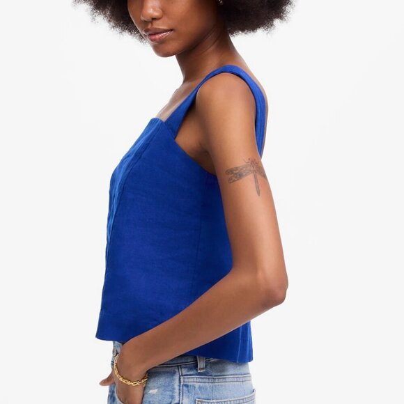 Madewell Curved Neckline 100% Linen Open Back Shell Tank Blue Size 8/M NWT - Picture 2 of 8